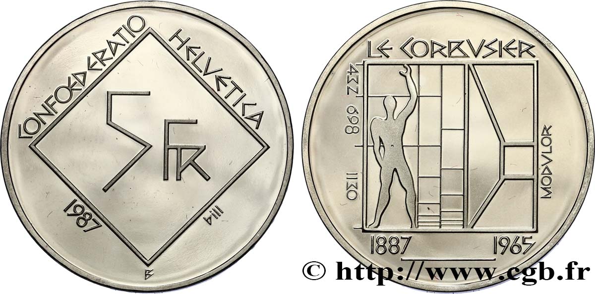 SUISSE 5 Francs Proof 100e anniversaire de la naissance de Charles-Edouard Jeanneret  dit Le Corbusier 1987 Berne - B SPL 