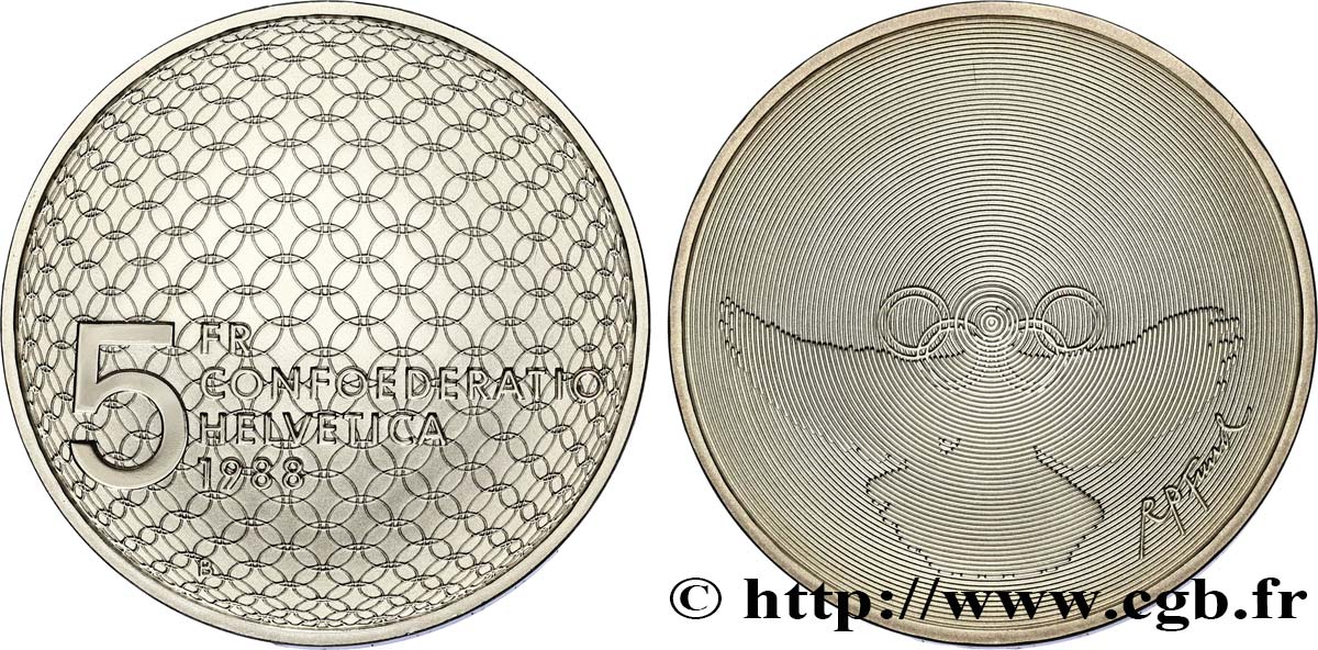 SCHWEIZ 5 Francs Jeux Olympiques 1988 Berne fST 