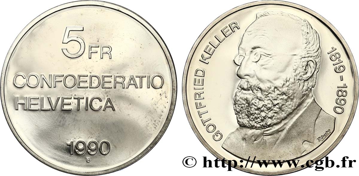 SVIZZERA  5 Francs Proof 100e anniversaire de la mort de Gottfried Keller 1990 Berne MS 