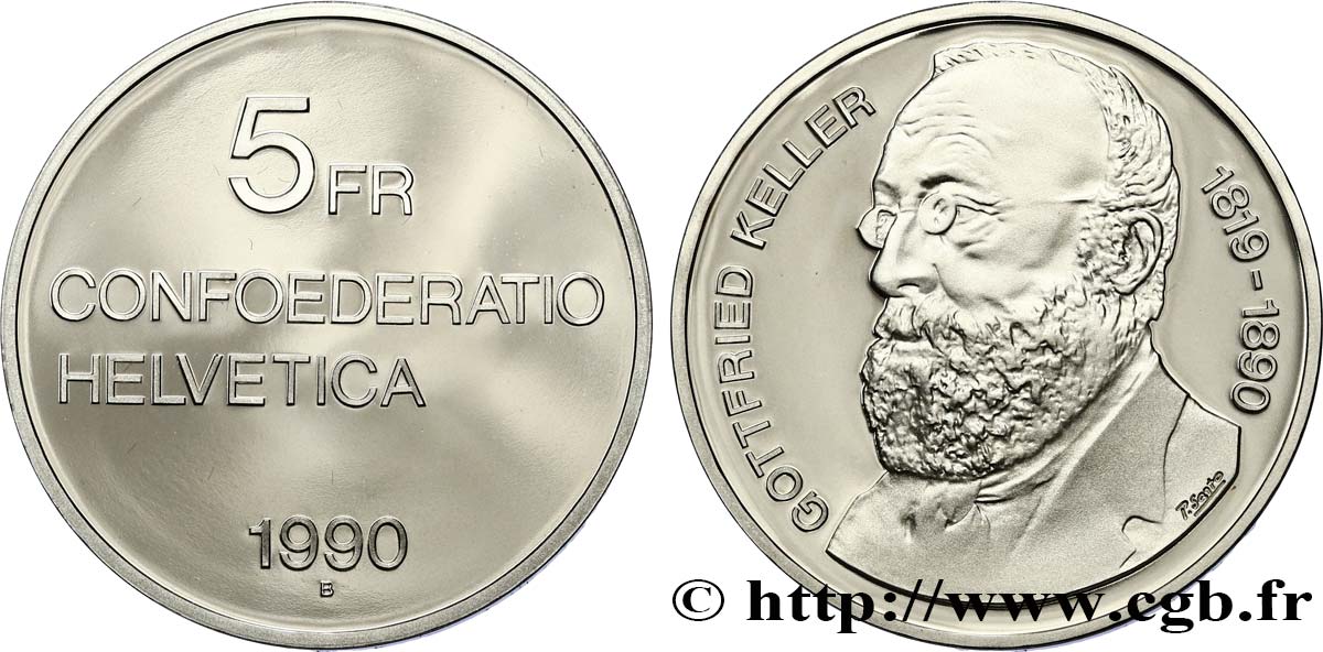 SCHWEIZ 5 Francs Proof 100e anniversaire de la mort de Gottfried Keller 1990 Berne fST 