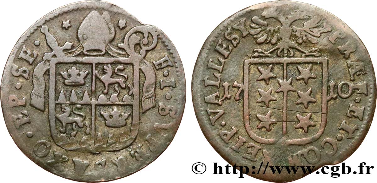 SUIZA - CANTÓN DEL VALAIS 1 Batzen canton du Valais (Sitten) frappe au nom de l’évêque François-Joseph Supersaxo 1710  BC+ 
