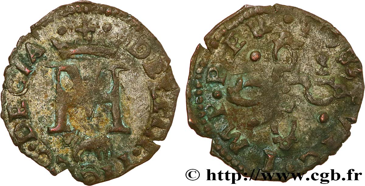 ITALIE - DECIANE 1 Liard à l&nbsp;H couronnée au nom de Delfino Tizzone 1585 Déciane (Desana) TTB 