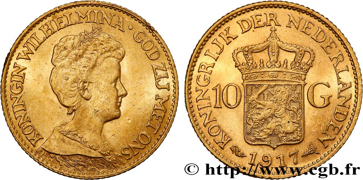 PAESI BASSI 10 Gulden, 3e type Wilhelmina 1917 Utrecht SPL 
