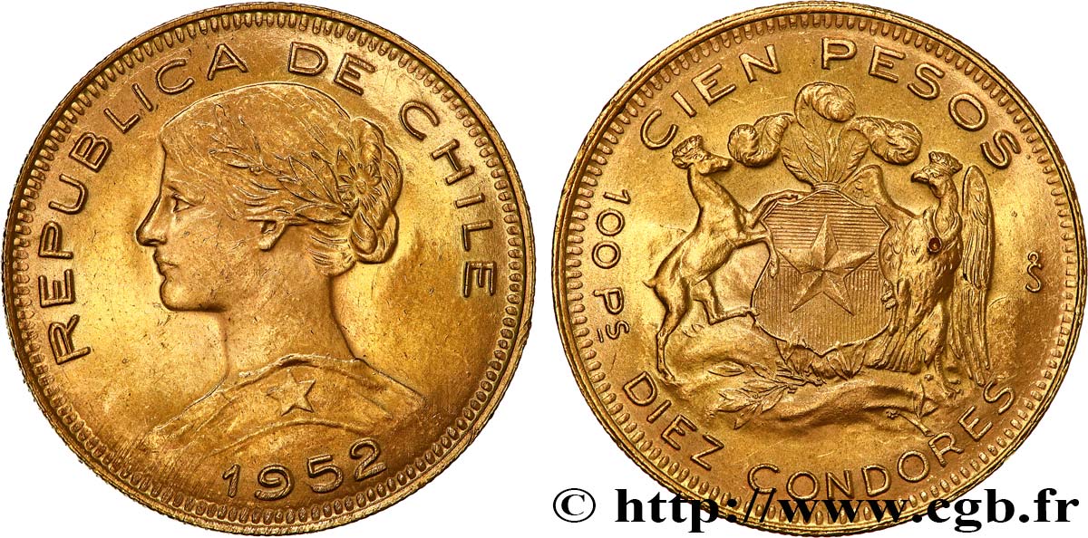 CHILE
 100 Pesos or ou 10 condores en or, 2e type 1952 Santiago EBC 