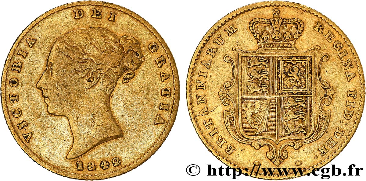 GOLD, PALLADIUM & PLATINUM INVESTMENT 1/2 Souverain Victoria buste jeune 1842 Londres VF 