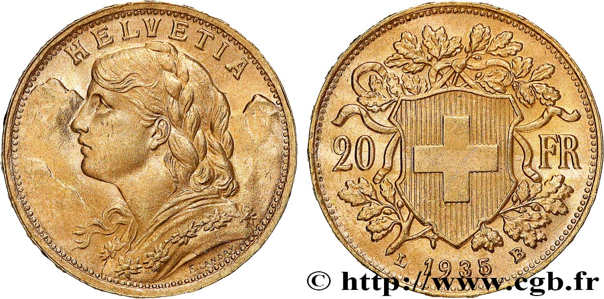 GOLD, PALLADIUM & PLATINUM INVESTMENT 20 Francs &nbsp;Vreneli&nbsp;  1935 Berne AU 