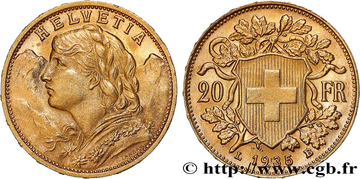 INVESTMENT GOLD 20 Francs  Vreneli   1935 Berne MBC+ 