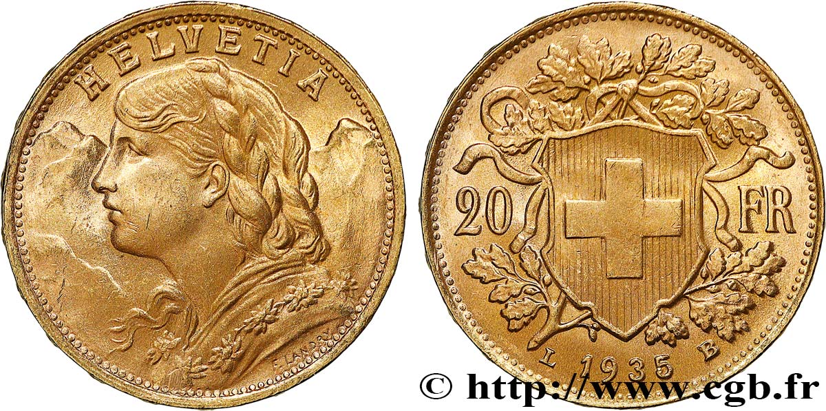 INVESTMENT GOLD 20 Francs  Vreneli   1935 Berne AU 