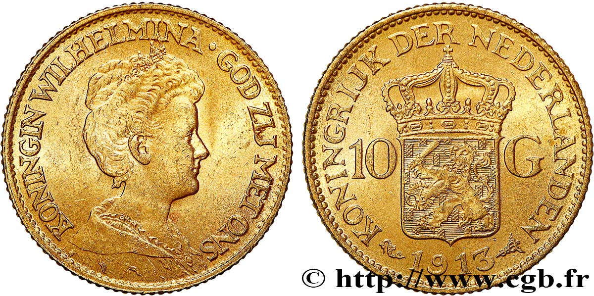 INVESTMENT GOLD 10 Gulden Wilhelmina 1913 Utrecht AU 
