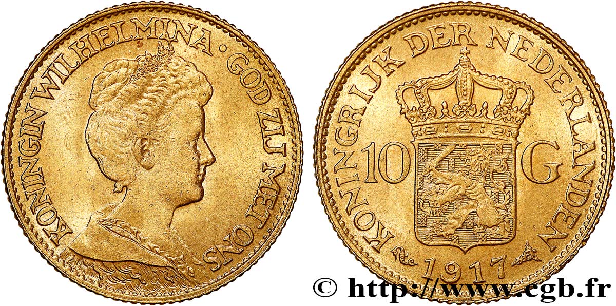 INVESTMENT GOLD 10 Gulden, 3e type Wilhelmina 1917 Utrecht EBC 