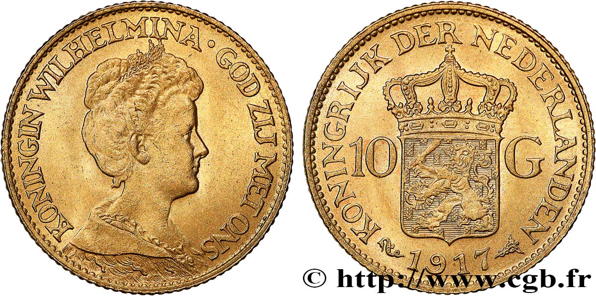 INVESTMENT GOLD 10 Gulden, 3e type Wilhelmina 1917 Utrecht AU 