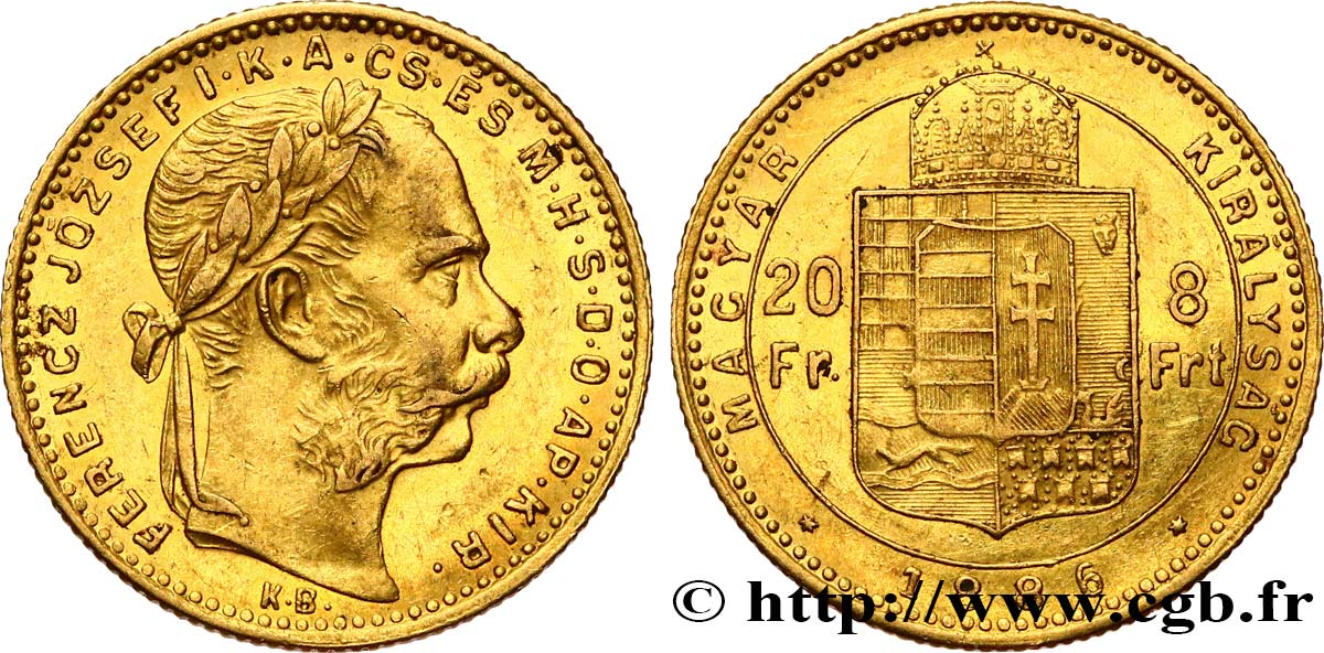 HUNGARY 20 Francs or ou 8 Forint, 2e type François-Joseph Ier 1886 Kremnitz AU 