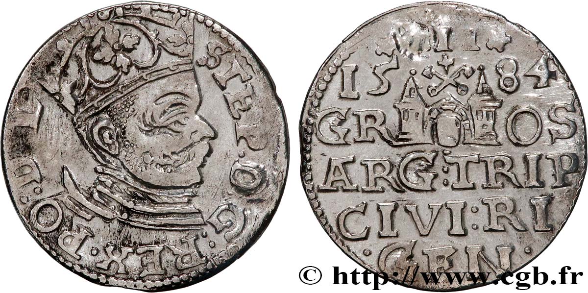 POLOGNE - LIVONIE - ÉTIENNE Ier BATHORY Trois groschen 1584 Riga TTB 