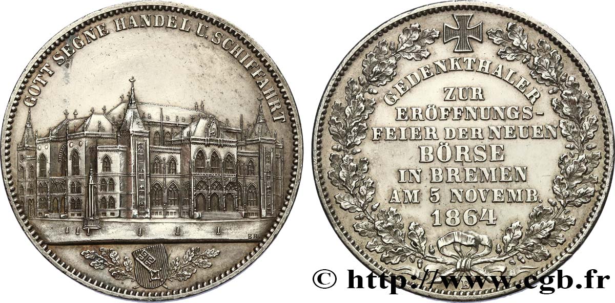 GERMANY - FREE HANSEATIC CITY OF BREMEN Thaler Ouverture de la nouvelle bourse 1864 Brême AU 