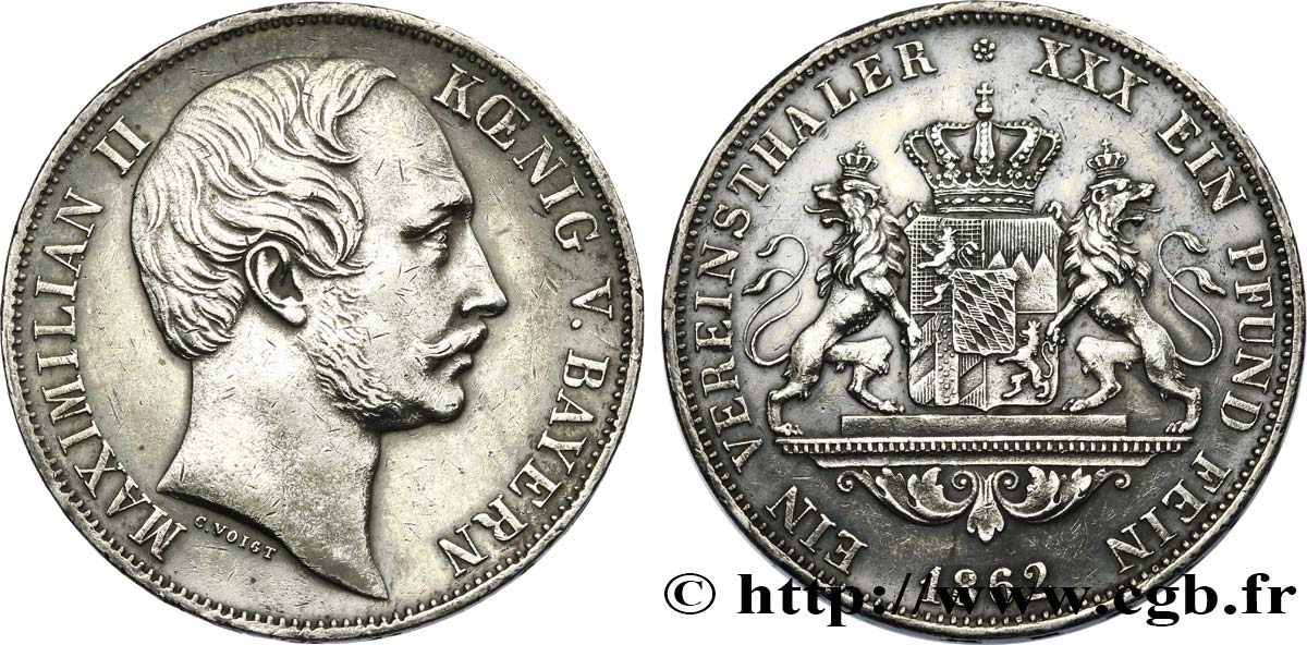 GERMANY - BAVARIA Thaler Maximilien II 1862 Munich XF 