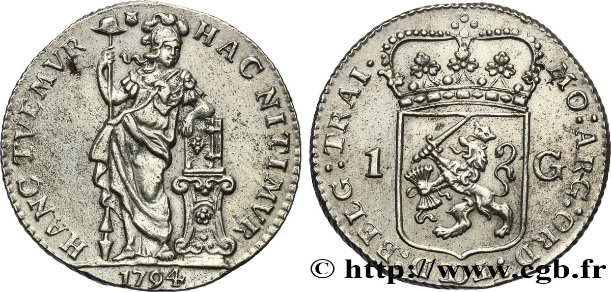 PAíSES BAJOS - PROVINCIAS UNIDAS 1 Gulden Hollande armes couronnées des provinces Unies / femme au coude posé sur une bible 1794 Utrecht MBC+ 