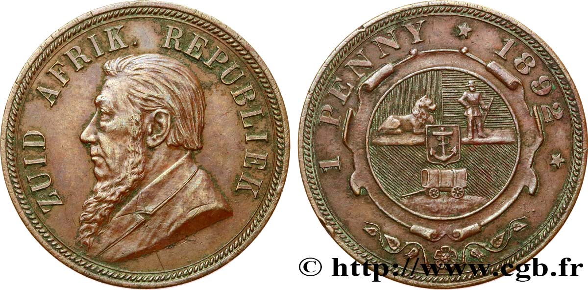 AFRIQUE DU SUD 1 Penny président Kruger 1892  TTB 