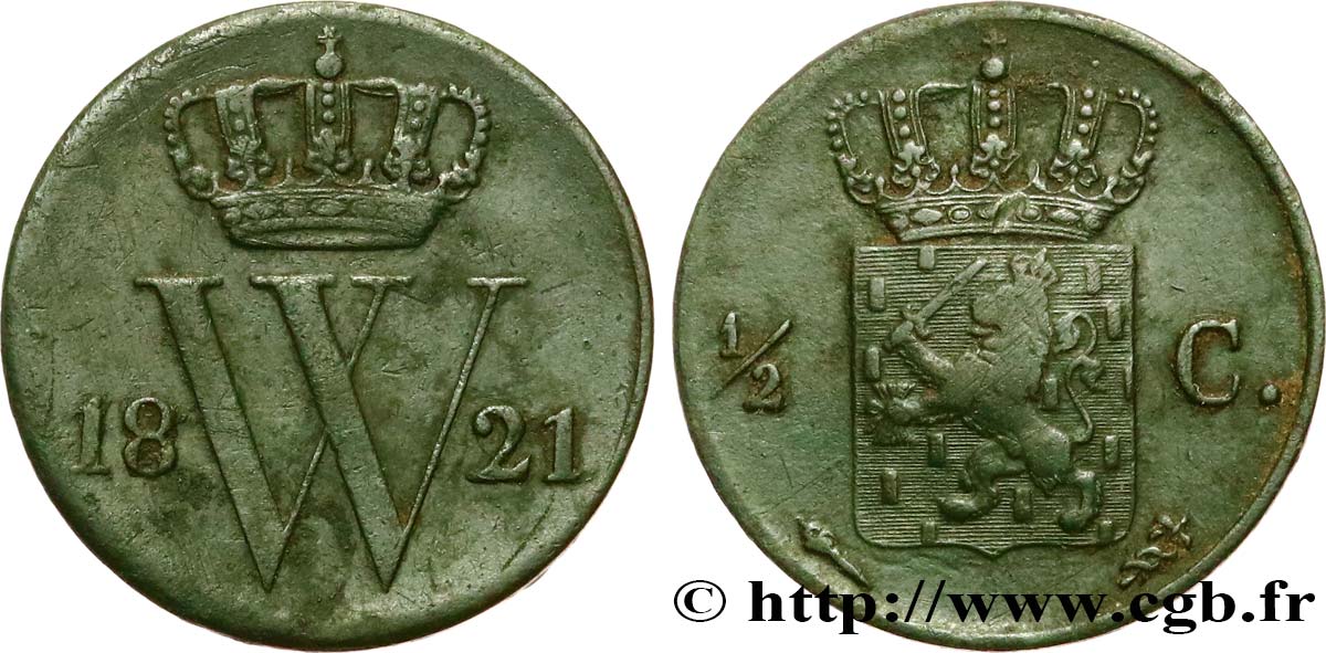 NETHERLANDS 1/2 Cent  emblème monogramme de William Ier 1821 Utrecht VF 