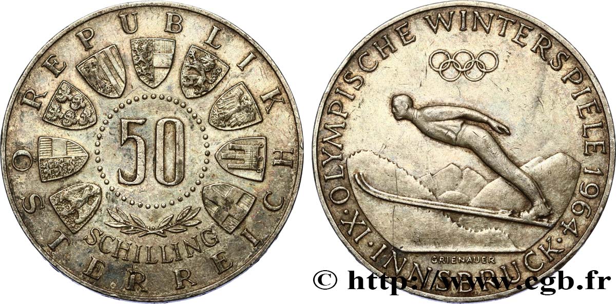 AUTRICHE 50 Schilling Jeux Olympiques d’Innsbruck, saut à ski 1964  SUP 