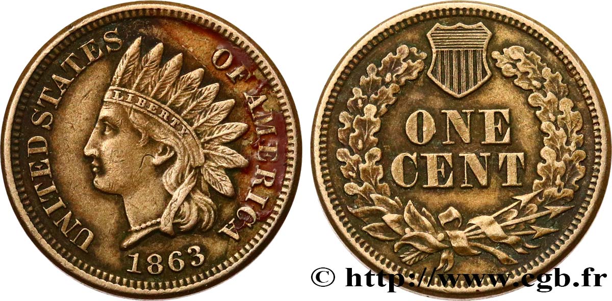 ÉTATS-UNIS D AMÉRIQUE 1 Cent tête d’indien 2e type 1863 Philadelphie TTB 