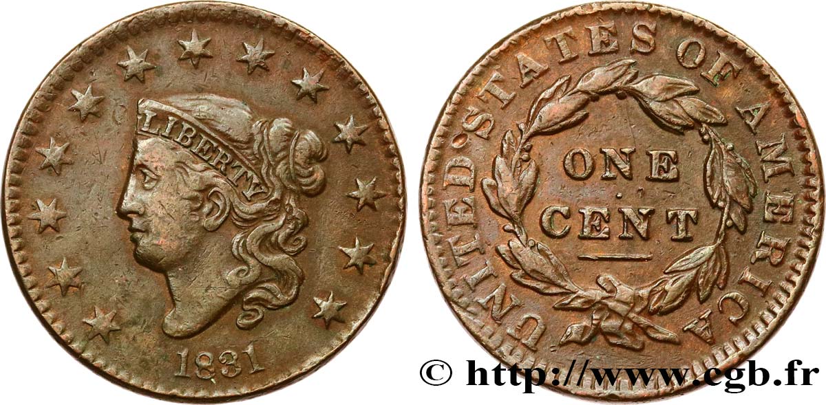 ÉTATS-UNIS D AMÉRIQUE 1 Cent Liberté “Coronet head” variété grandes lettres 1831  TTB 