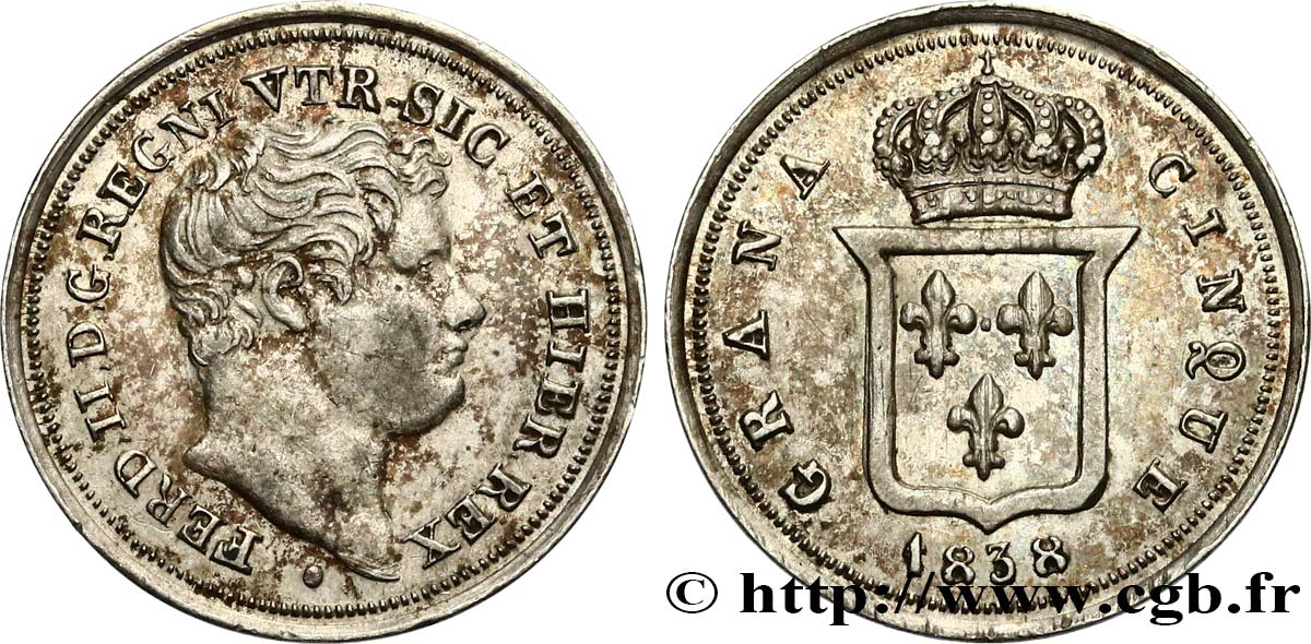 ITALIE - ROYAUME DES DEUX-SICILES 5 Grana Ferdinand II 1838 Naples TTB+ 