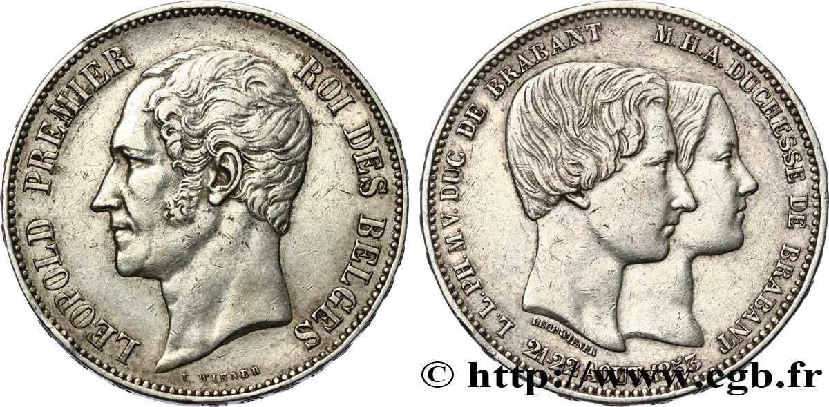 BELGIQUE 5 Francs mariage du Duc et de la Duchesse de Brabant 1853  TTB 