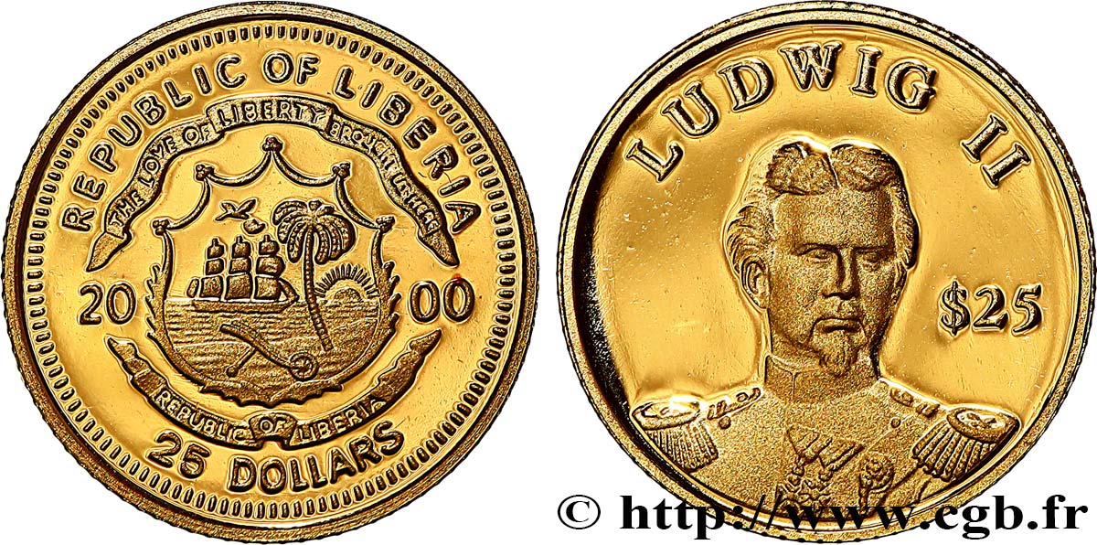 LIBERIA 25 Dollars Proof Louis II de Bavière 2000  MS 