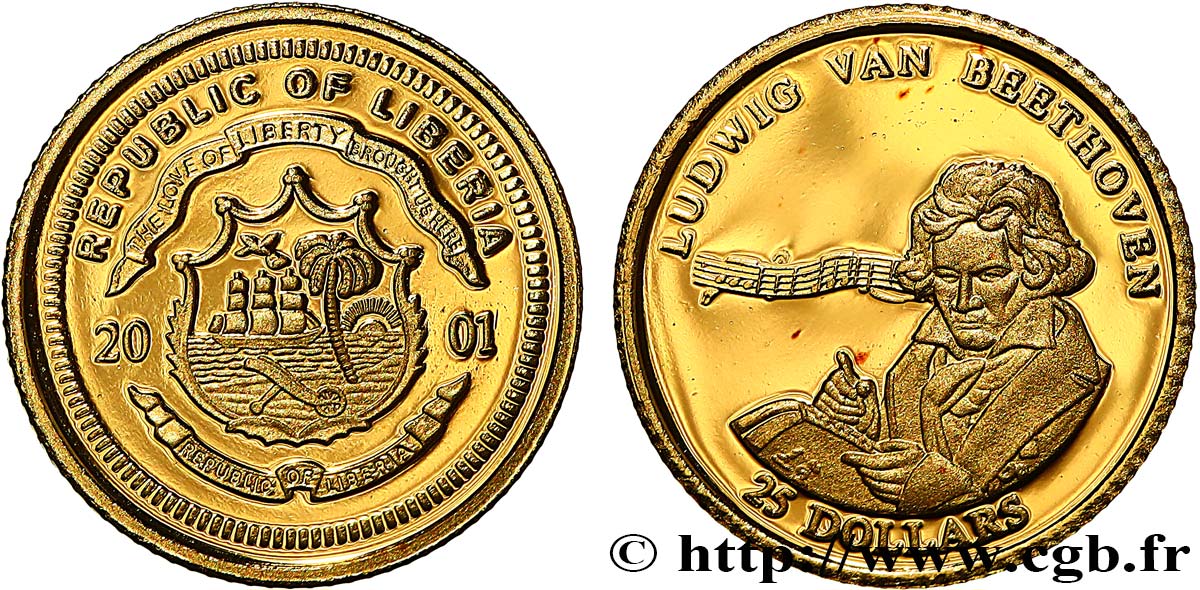 LIBERIA 25 Dollars Proof Beethoven 2001  FDC 