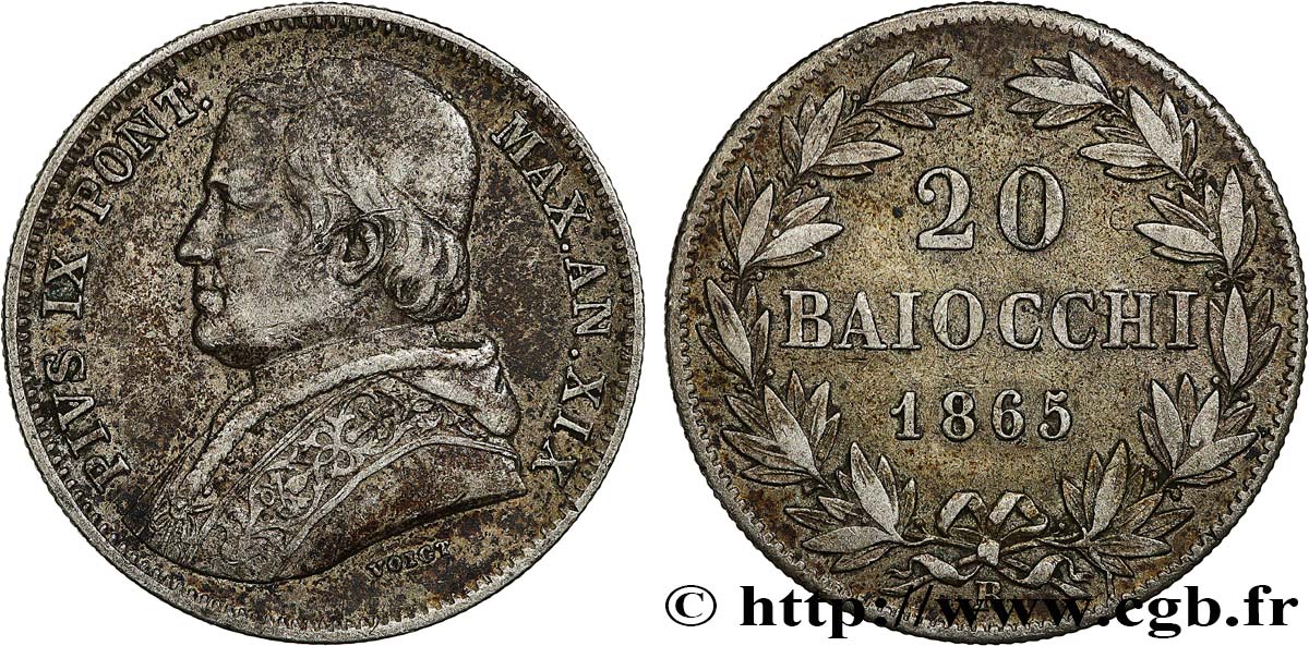 VATICAN ET ÉTATS PONTIFICAUX 20 Baiocchi Pie IX an XIX 1865 Rome TTB 