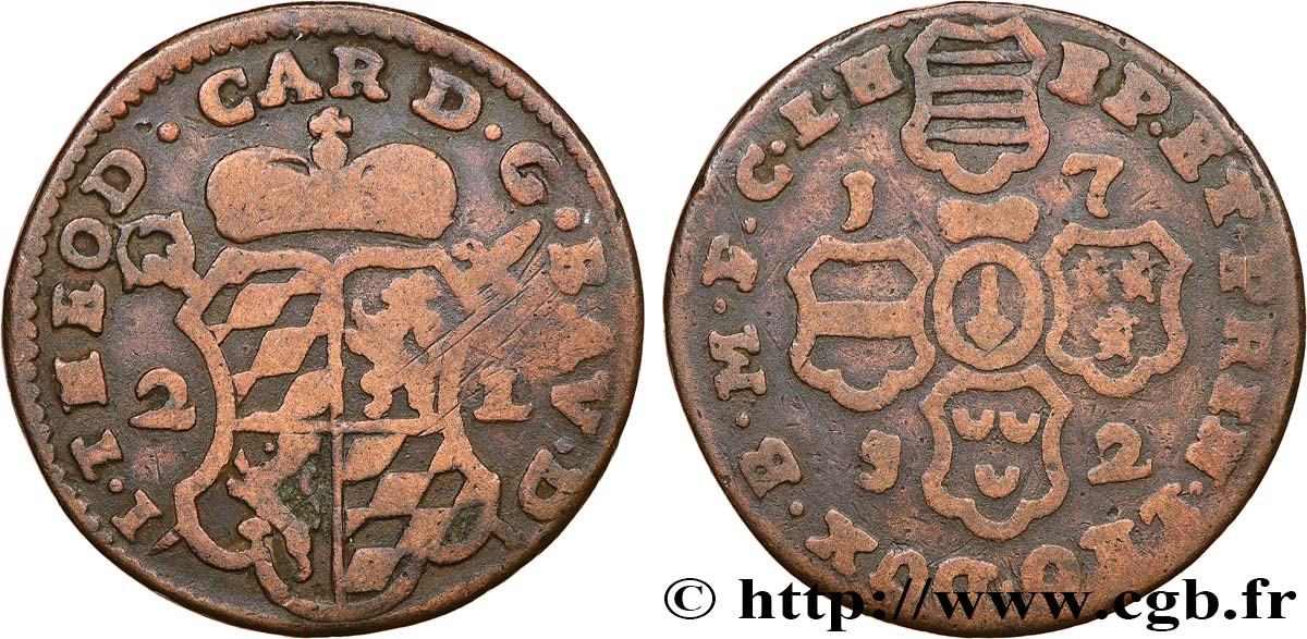 BELGIUM - PRINCE-BISHOPRIC OF LIÈGE 2 Liards Évéché de Liège frappe au nom de Jean-Théodore de Bavière 1752  VF 