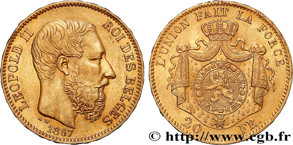 INVESTMENT GOLD 20 Francs Léopold II 1867 Bruxelles MBC 