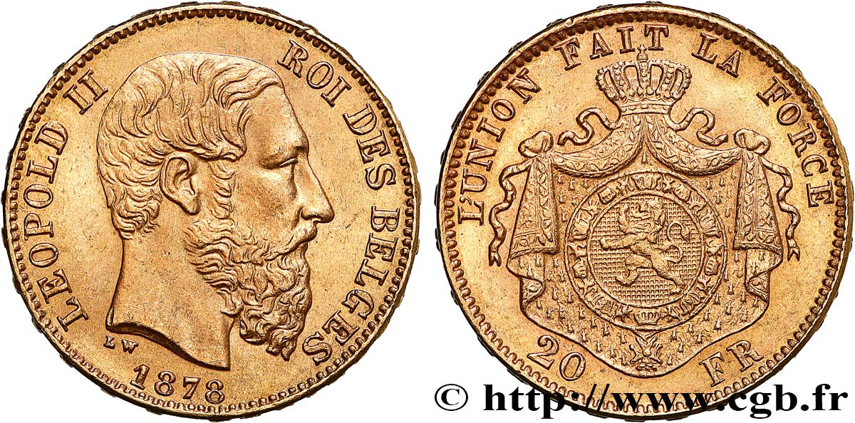 INVESTMENT GOLD 20 Francs or Léopold II 1878 Bruxelles MBC+ 