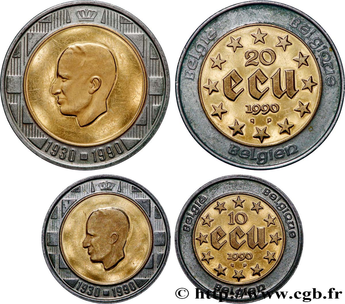 BELGIQUE Lot 10 et 20 Ecu en or et argent 60 ans du roi Baudouin Ier 1990 Bruxelles SUP 