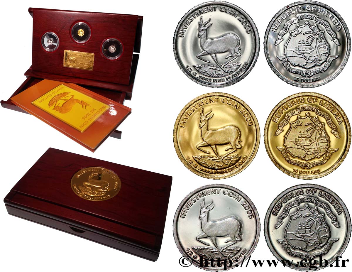 LIBERIA Coffret 1, 10 et 25 dollars Springbok (argent, or, platine) 2006  fST 