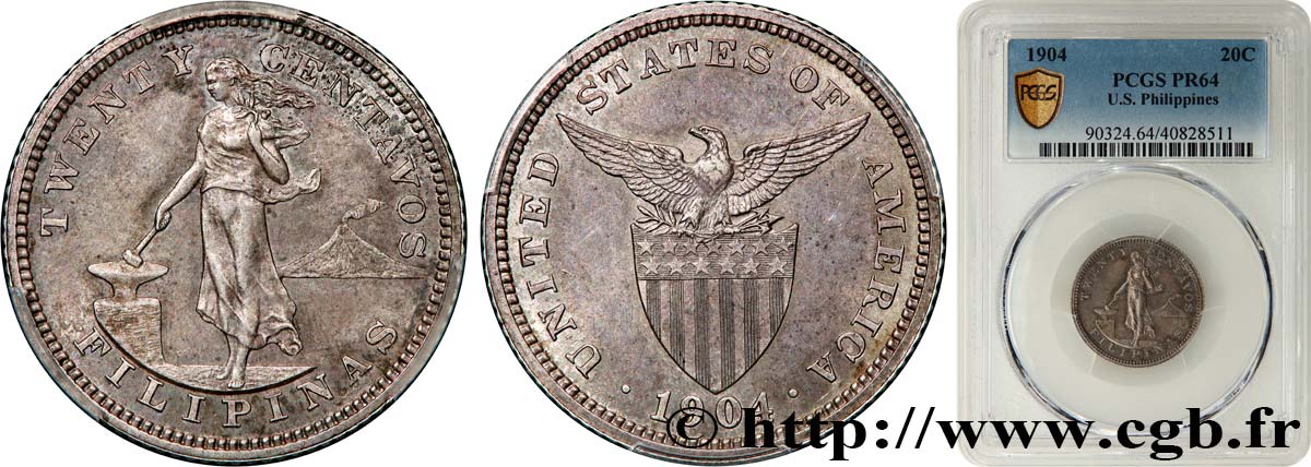 PHILIPPINES 20 Centavos - Administration Américaine 1904  SPL64 PCGS