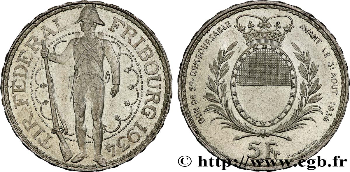 SUISSE 5 Francs, monnaie de Tir, Fribourg 1934 Le Locle SUP 