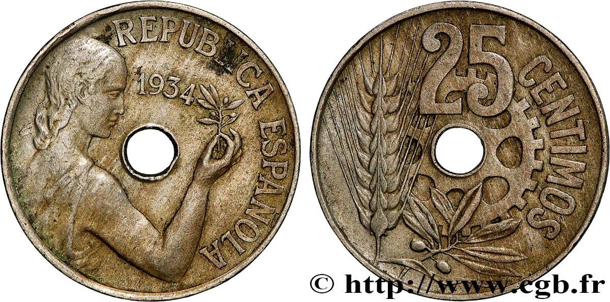 ESPAGNE 25 Centimos monnayage républicain 1934  TTB+ 