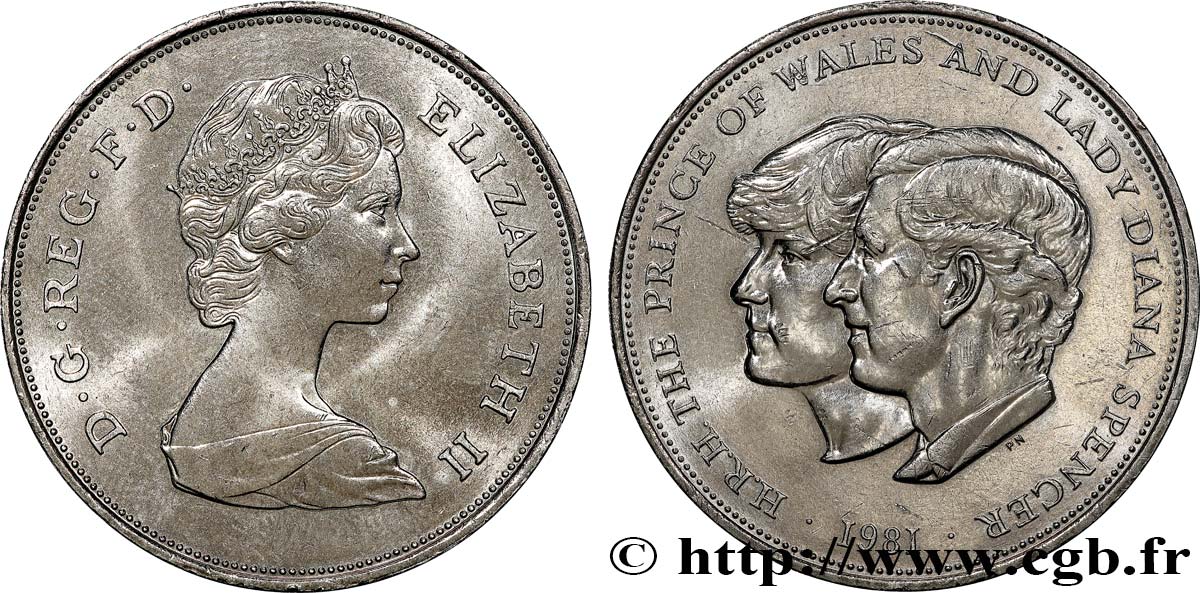 ROYAUME-UNI 25 New Pence (1 Crown) mariage du Prince de Galles et de Lady Diana Spencer 1981  SUP 