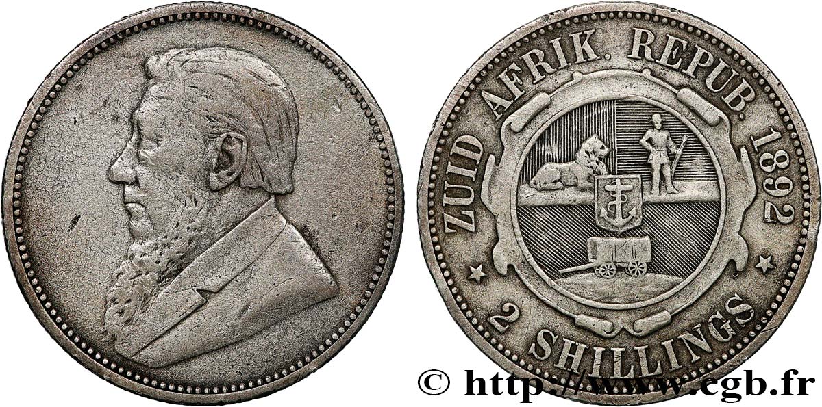AFRIQUE DU SUD 2 Shillings président Kruger 1892  TTB 