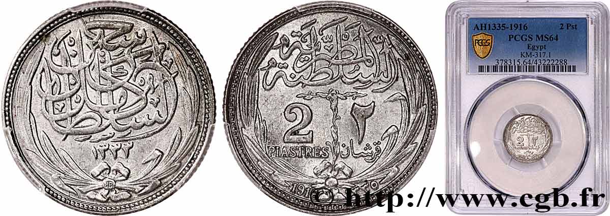 ÉGYPTE 2 Piastres frappe au nom de Hussein Kamal Pacha an AH 1335 1916  SPL64 PCGS