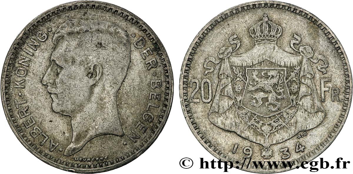 BELGIQUE 20 Franken (Francs) Albert Ier légende Flamande 1934  TTB 