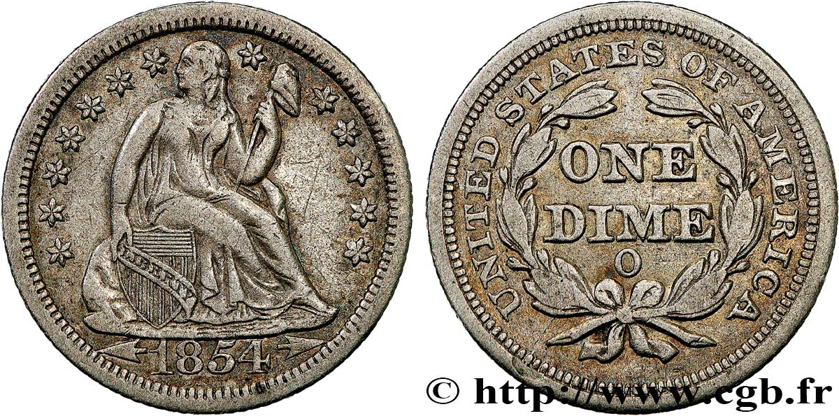 ÉTATS-UNIS D AMÉRIQUE 1 Dime (10 Cents) Liberté assise 1854 Nouvelle-Orléans TB 