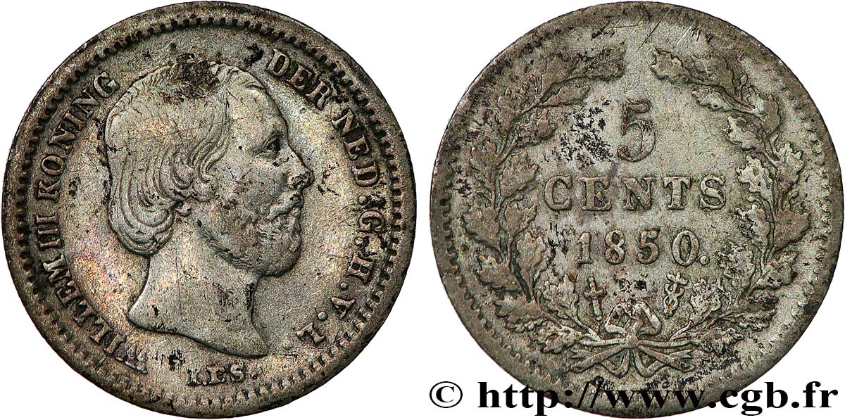 NETHERLANDS 5 Cents Guillaume III 1850 Utrecht XF 