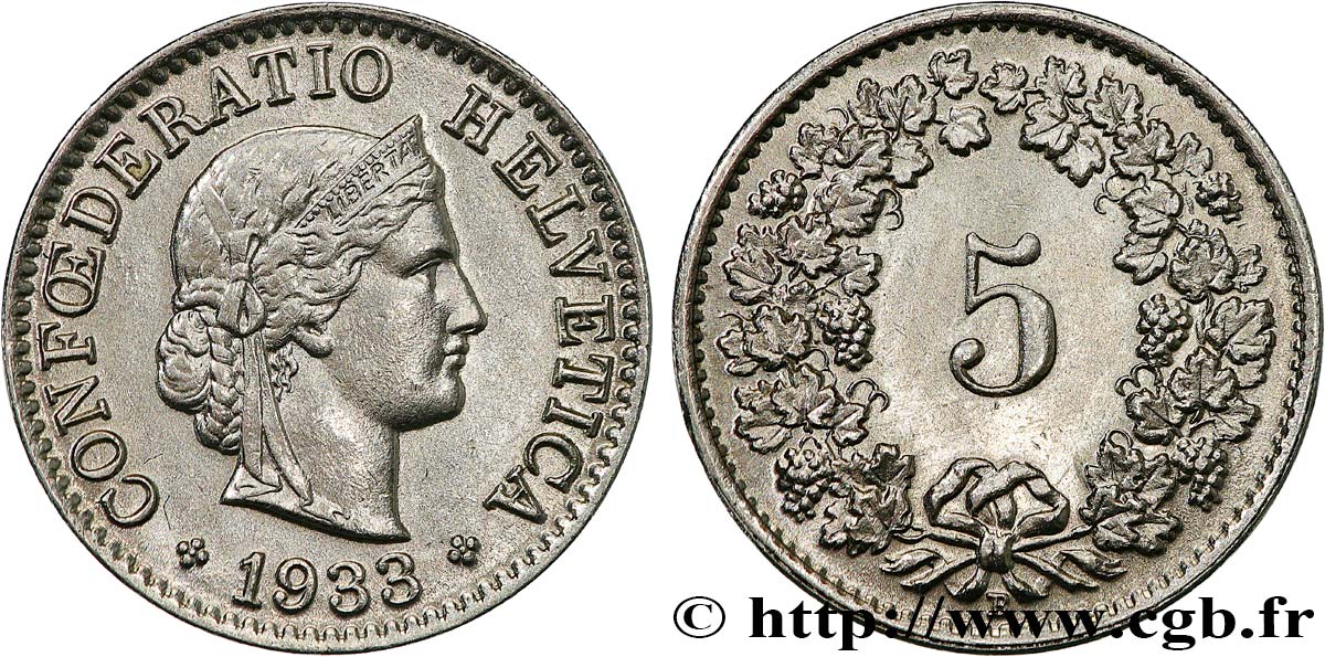 SCHWEIZ 5 Centimes (Rappen) 1933 Berne VZ 