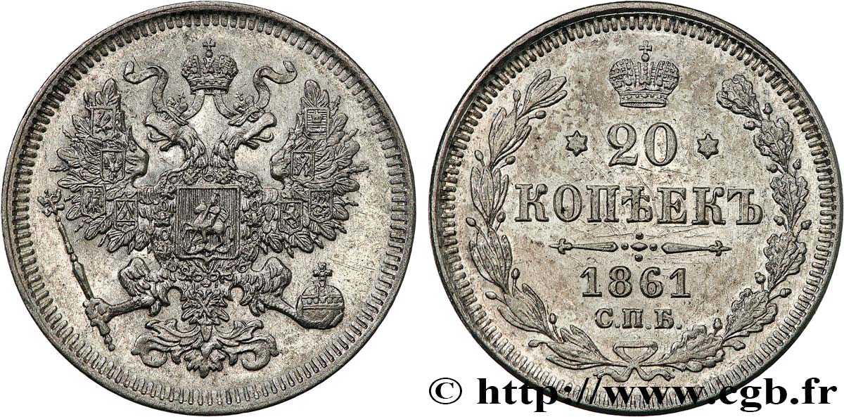 RUSSLAND 20 Kopecks aigle bicéphale 1861 Saint-Petersbourg fVZ 