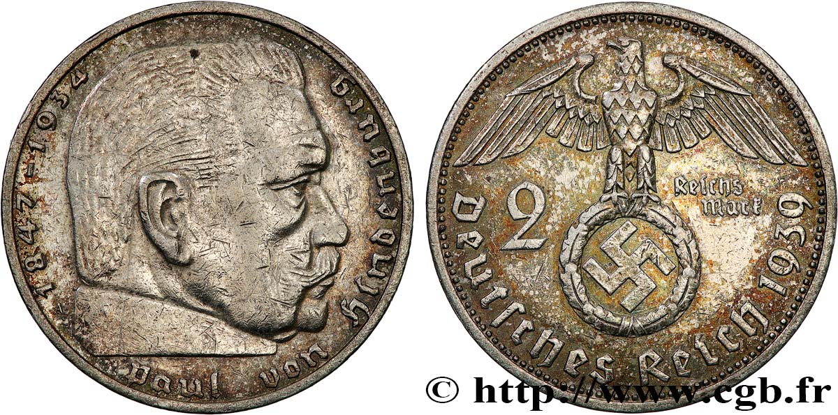 ALEMANIA 2 Reichsmark Maréchal Paul von Hindenburg 1939 Berlin MBC+ 