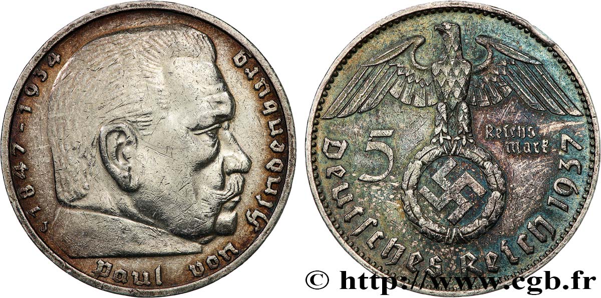 ALEMANIA 5 Reichsmark Maréchal Paul von Hindenburg 1937 Hambourg MBC+ 