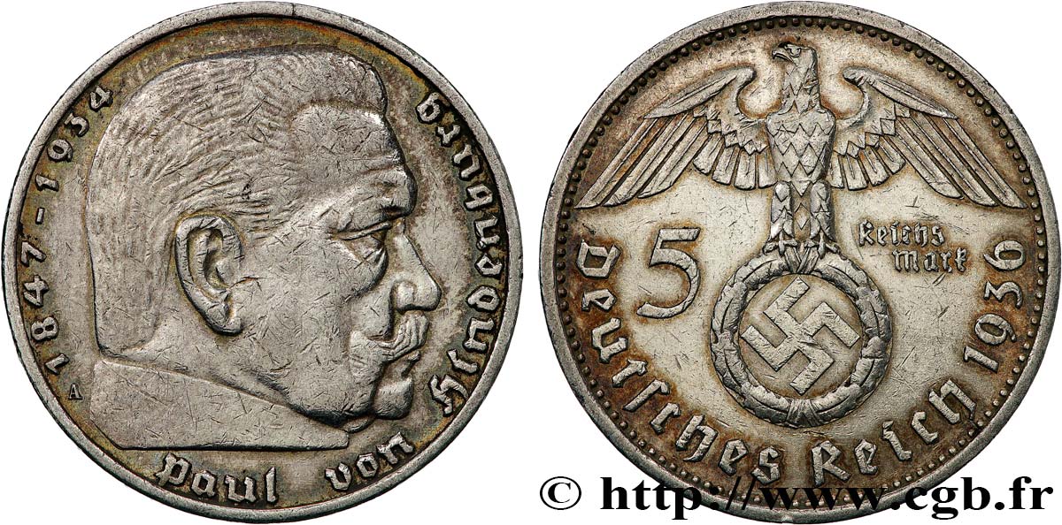 ALLEMAGNE 5 Reichsmark Maréchal Paul von Hindenburg 1936 Berlin TTB+ 