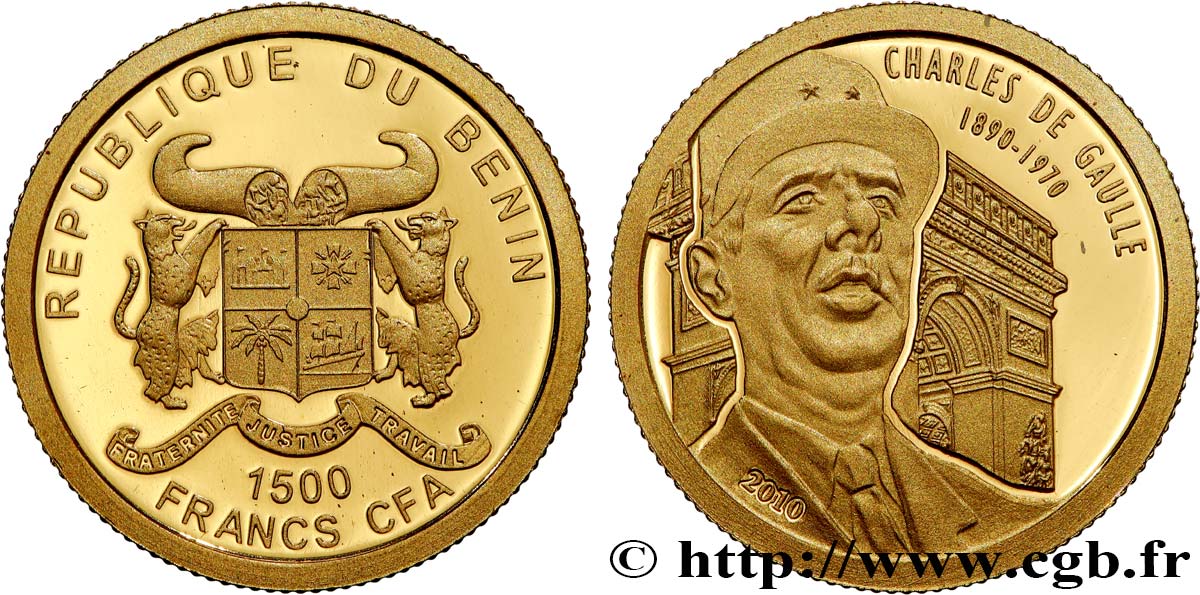 BENIN 1500 Francs CFA Proof  Charles de Gaulle 2010  FDC 